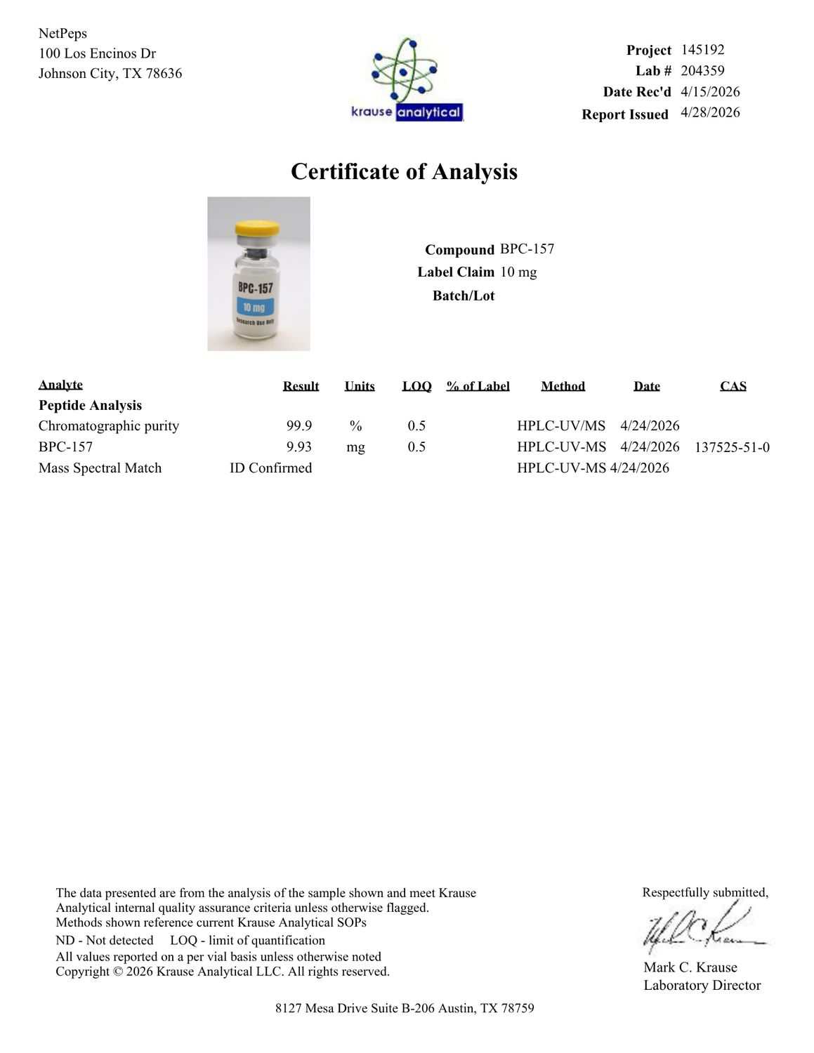 A document page titled 'Certificate of Analysis' from Kenzie Analytics LLC, showing a small bottle labeled RPC-157 and columns for analysis, results, limits, LOQ, % of label, method, date, and CAS on a white background.