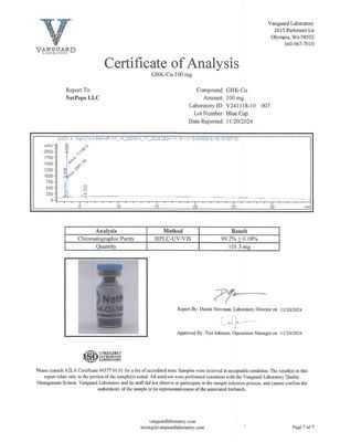 A Certificate of Analysis document from Varda Labs dated 2021/09/16, reporting on a compound labeled NalPA-100 mg. The certificate includes a small inset photograph of a glass vial with a blue cap and white label, along with tables and graphs.