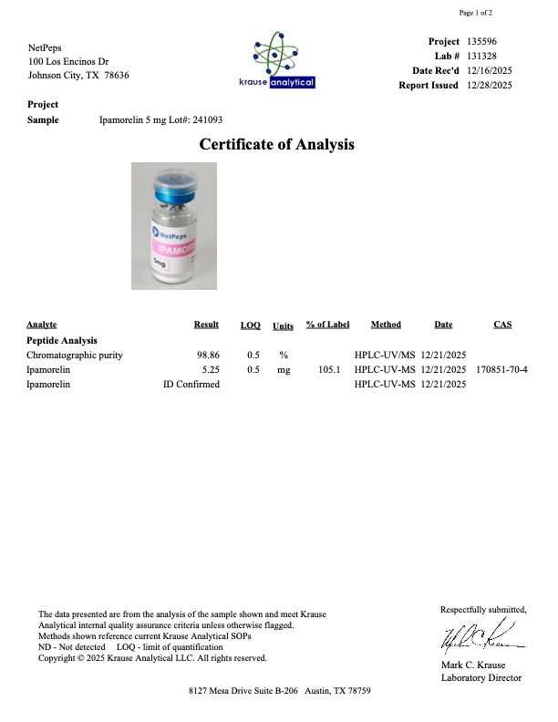 A document page titled 'Certificate of Analysis' showing a small vial labeled ipraglifzin 5 mg with test results, a logo for Kresna Analytical, and company contact information at the bottom.