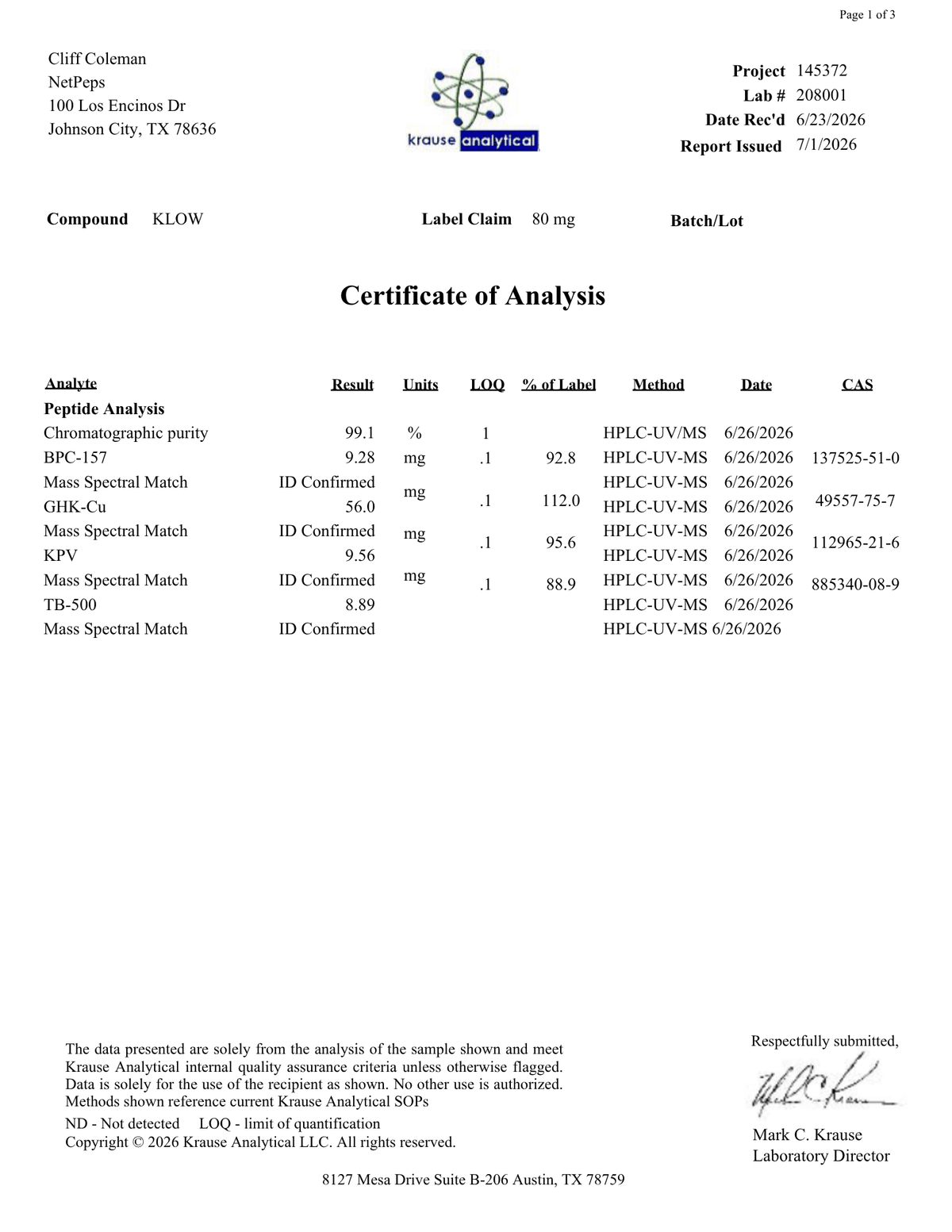 A document page titled 'Certificate of Analysis' with header text for Klenz Analytical, including project and report details, a compound code, and a table of analytical results such as peptide analysis, base peak match, and mass spectral match.