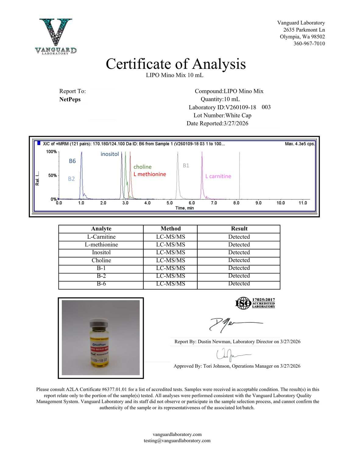 A Vantgard Laboratory Certificate of Analysis for Lipo Minis 10 ml, showing chromatographic graphs, a results table, a barcode, and company details on a white background.