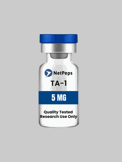 TA-1 5mg peptide vial labeled for research use only with safety and storage instructions