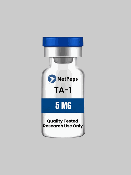 TA-1 5mg peptide vial labeled for research use only with safety and storage instructions
