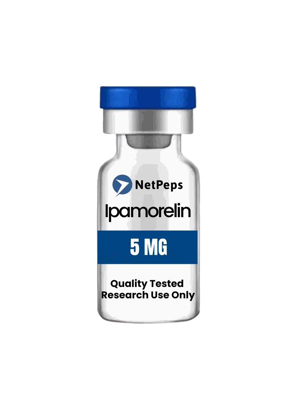 Research peptide vial, IPAMORELIN ⎮ 5mg, clear glass with a blue cap and blue 5 MG label, marked research use only.