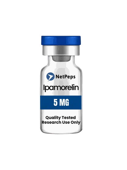 Research peptide vial, IPAMORELIN ⎮ 5mg, clear glass with a blue cap and blue 5 MG label, marked research use only.