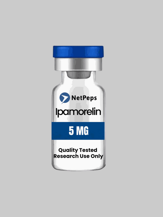 IPAMORELIN 5mg peptide vial labeled for research use only with safety and storage instructions