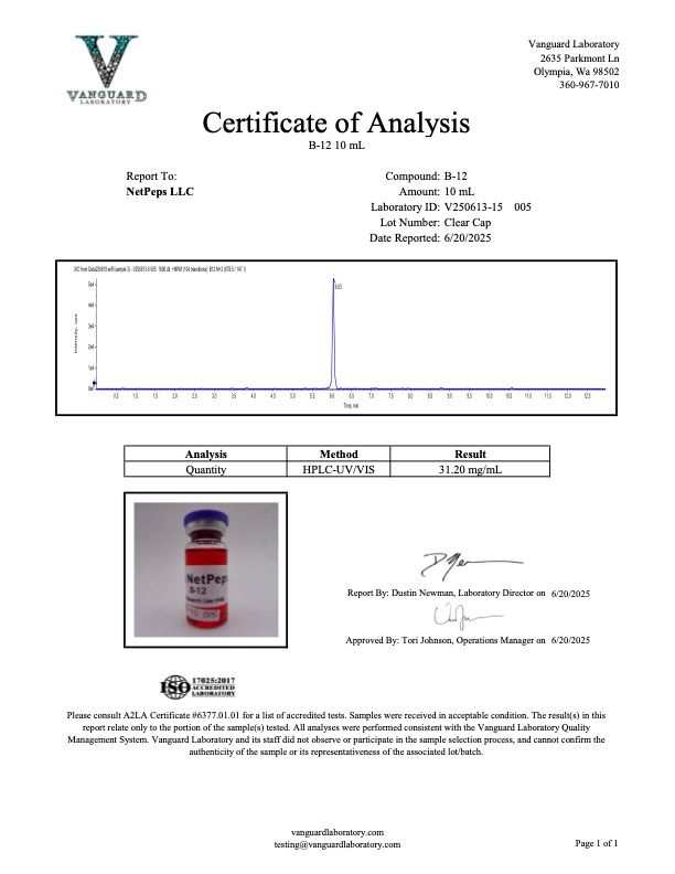 A document-style certificate of analysis page with the Vantgard Laboratory logo at the top, text fields, a chromatogram graph, a small product photo, and approval signatures. 