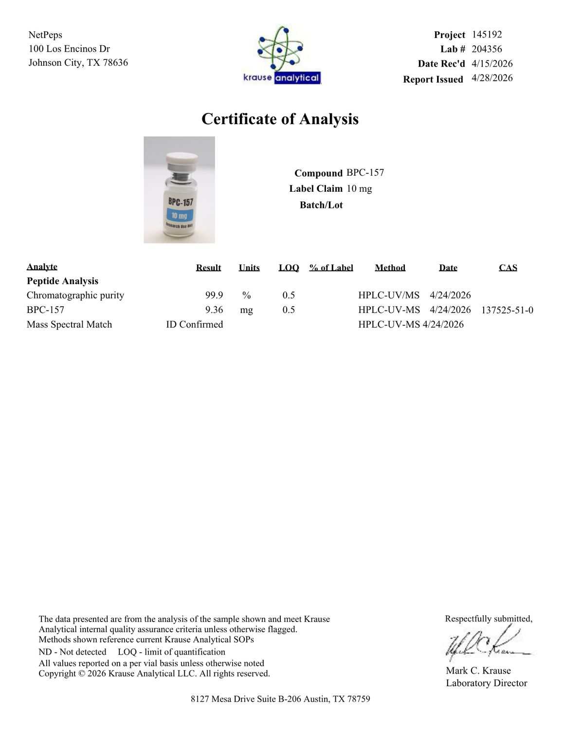 A document page titled 'Certificate of Analysis' from Kenrose Analytical, showing a small bottle labeled RPC-157 with test results, lot information, and signatures at the bottom.