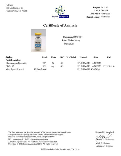 A document page titled 'Certificate of Analysis' from Kenzie Analytics LLC, showing a small bottle labeled RPC-157 and columns for analysis, results, limits, LOQ, % of label, method, date, and CAS on a white background.
