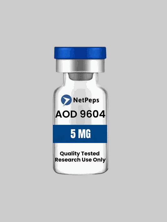 AOD 9604 5mg peptide vial with research use only warning and usage instructions