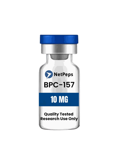 Research vial labeled BPC 157 ⎮ 10mg, clear glass with a blue cap and blue-and-white label marked 10 MG.