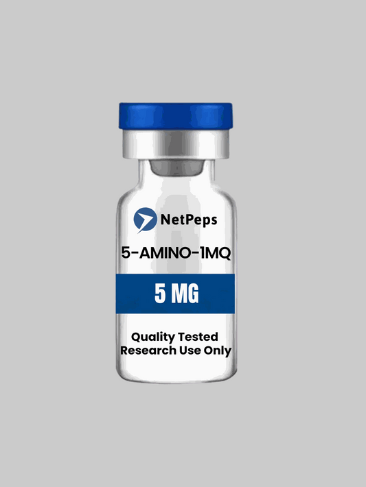 5-Amino-1mq research peptide warning label with usage and storage instructions
