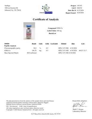 A Certificate of Analysis document from Krueze Analytical Labs LLC, featuring a small product photo of a GHR-Ca patch, test results, and company details printed on a white page.