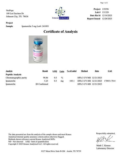 A document page titled 'Certificate of Analysis' showing a small vial labeled ipraglifzin 5 mg with test results, a logo for Kresna Analytical, and company contact information at the bottom.