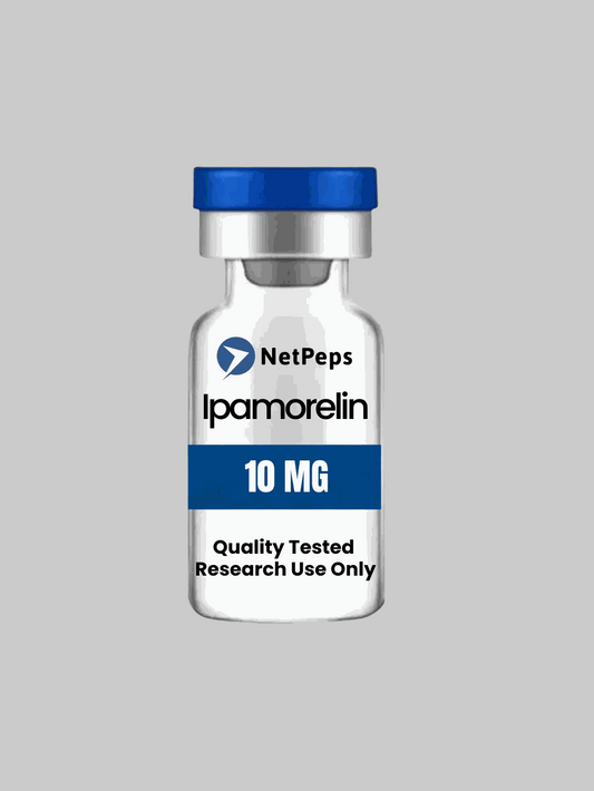 IPAMORELIN 10mg peptide vial with research use only warning and storage instructions