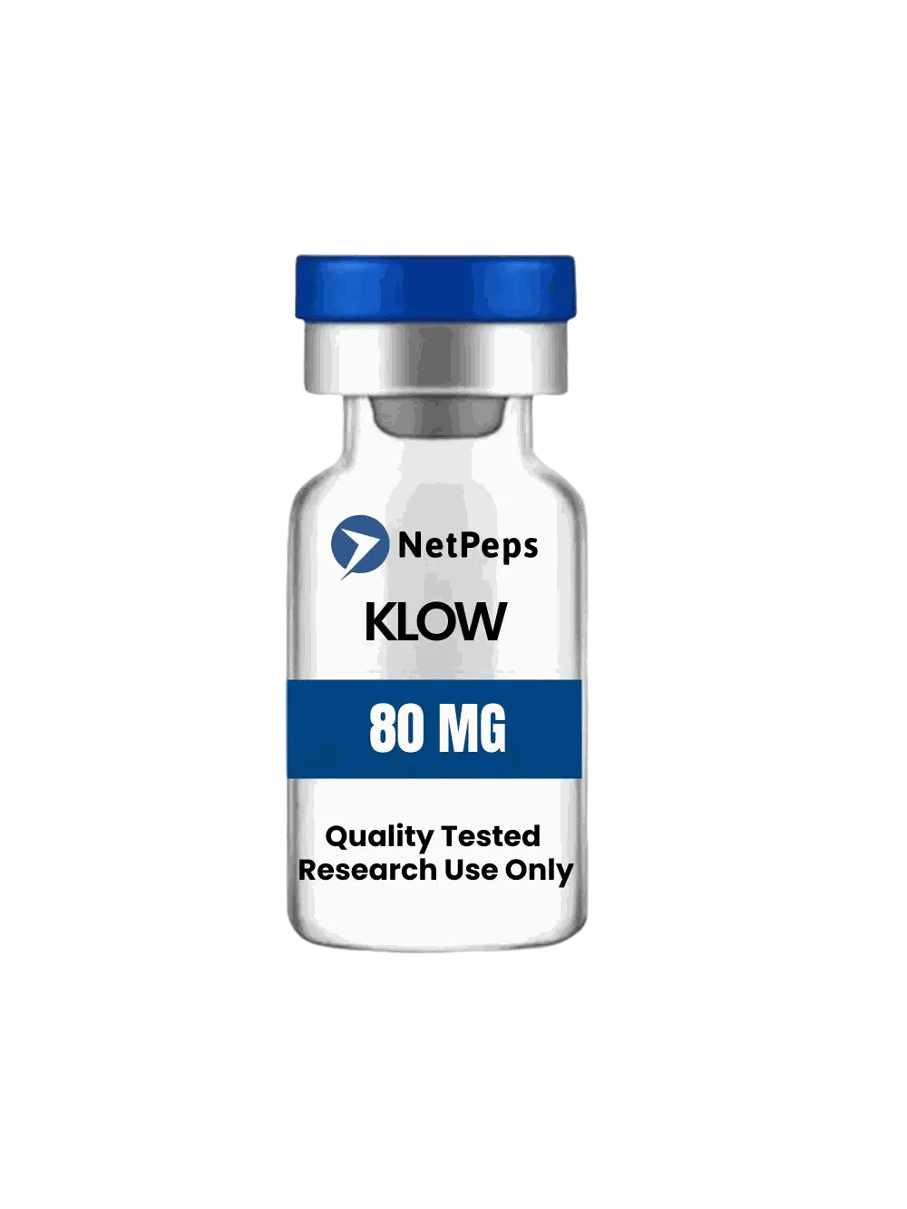 Research compound vial KLOW ⎮ 80mg with a clear glass body, blue cap and label, marked 80 MG and research use only.