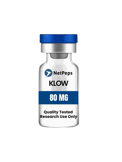 Research compound vial KLOW ⎮ 80mg with a clear glass body, blue cap and label, marked 80 MG and research use only.