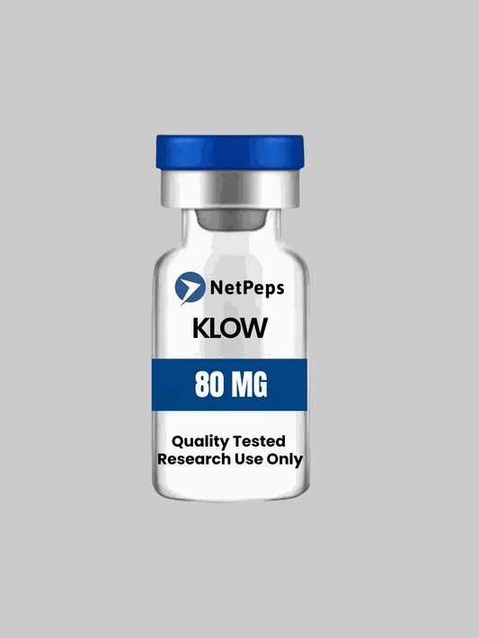 KLOW 80mg peptide vial with research use only warning and storage instructions