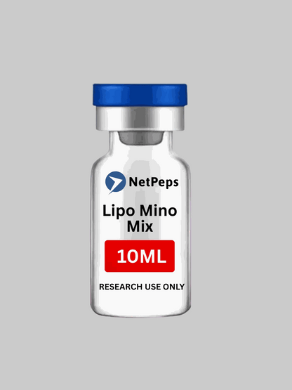 LIPO MINO MIX 10ML research peptide vial with warning label and storage instructions