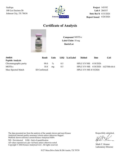 A document titled 'Certificate of Analysis' for compound MOTS-c, showing a small product bottle photo, analytical results, batch lot information, and signatures from Kreinze Analytical Laboratory Director Mark C. Krumme.