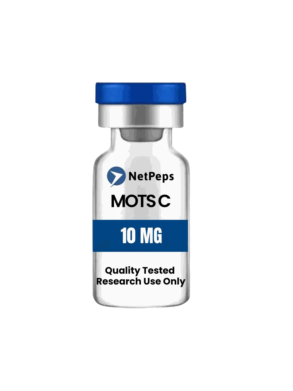 Peptide vial labeled MOTS C ⎮ 10mg, clear glass with blue cap and white-and-blue research label.