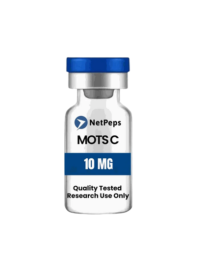 Peptide vial labeled MOTS C ⎮ 10mg, clear glass with blue cap and white-and-blue research label.