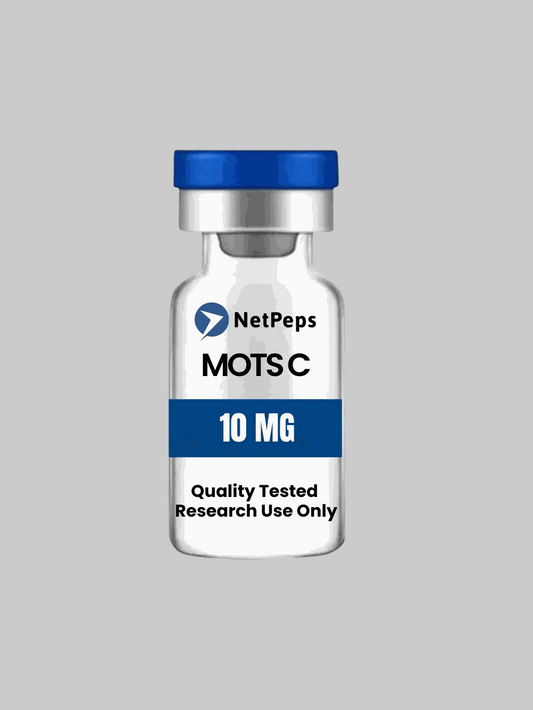 MOTS C 10mg peptide vial with research-only warning label and storage instructions