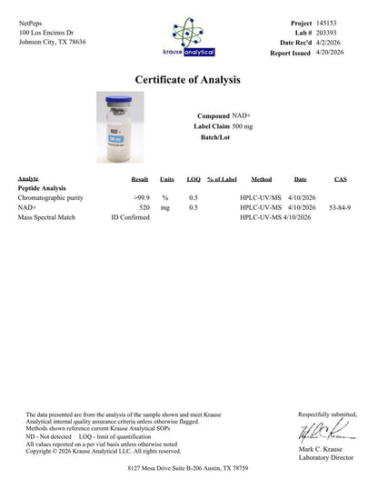 A document page titled 'Certificate of Analysis' with a small product photo of a white bottle labeled 'Kreepers Naturals' on the left. The page includes project and project manager details at the top, analysis results for a compound labeled 'NAD+ Label Claim 500 mg' with batch 'Lot 9', and a signature block at the bottom.