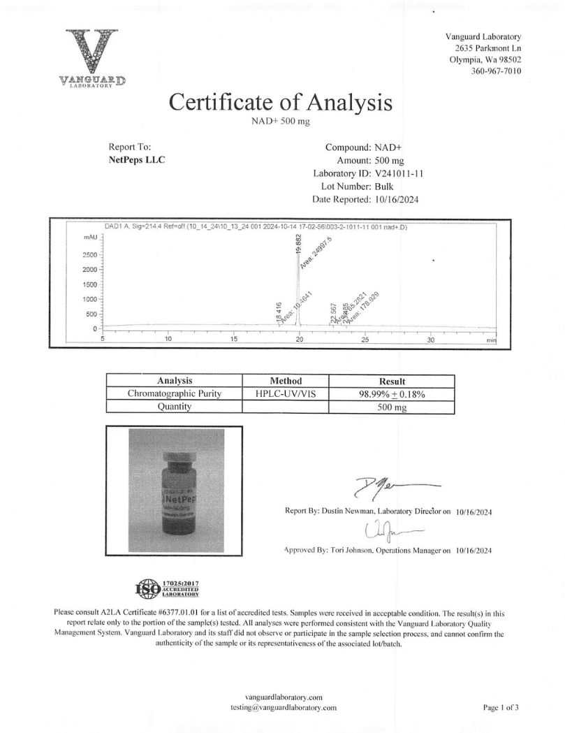 A Certificate of Analysis document from Vanguard Laboratory dated 10/24/2024 for NAD+ (nicotinamide adenine dinucleotide) by NetPips LLC. The page includes a V-shaped Vanguard logo, a small product bottle photo, a chromatogram graph, and tables with analysis and result details.