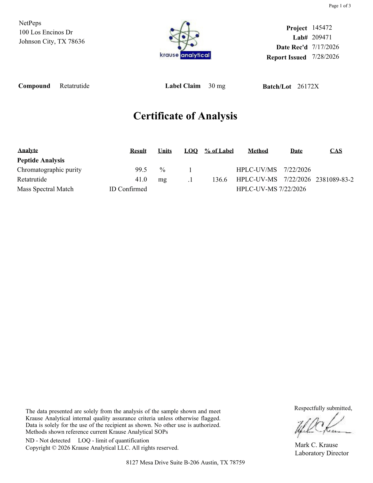 A document page titled 'Certificate of Analysis' with a header block at the top left, a Kruze Analytical logo at the top center, and tables detailing analysis results for Retatrutide, including peptide analysis, chromatographic purity, serotonin level, and mass spectral match. The page is mostly white with black text and a small green and blue logo.