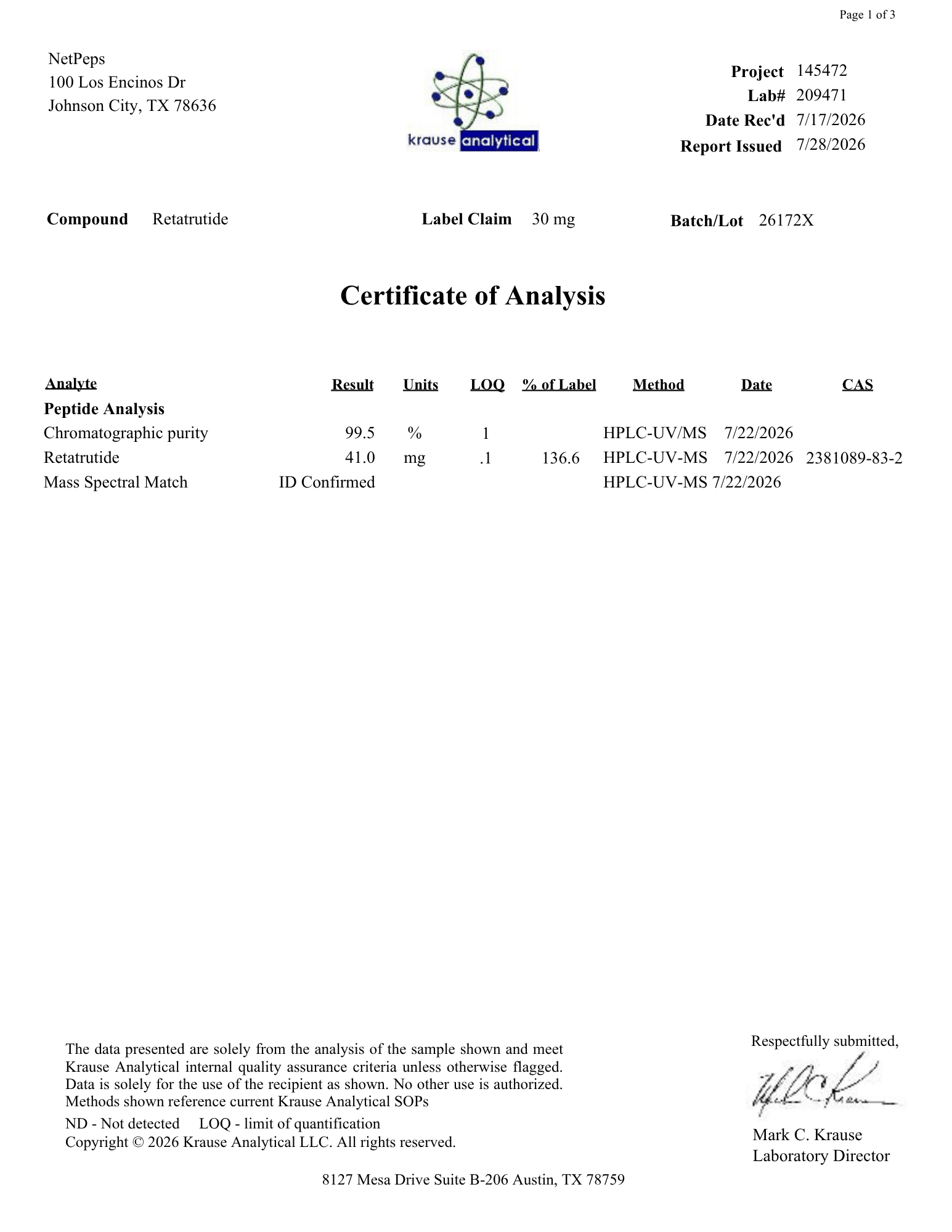 A document page titled 'Certificate of Analysis' with a header block at the top left, a Kruze Analytical logo at the top center, and tables detailing analysis results for Retatrutide, including peptide analysis, chromatographic purity, serotonin level, and mass spectral match. The page is mostly white with black text and a small green and blue logo.