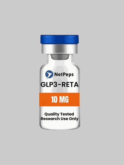 GLP3-RETA 10mg research peptide vial with safety and storage information