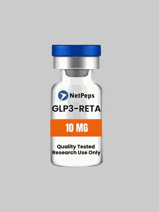 GLP3-RETA 10mg research peptide vial with safety and storage information