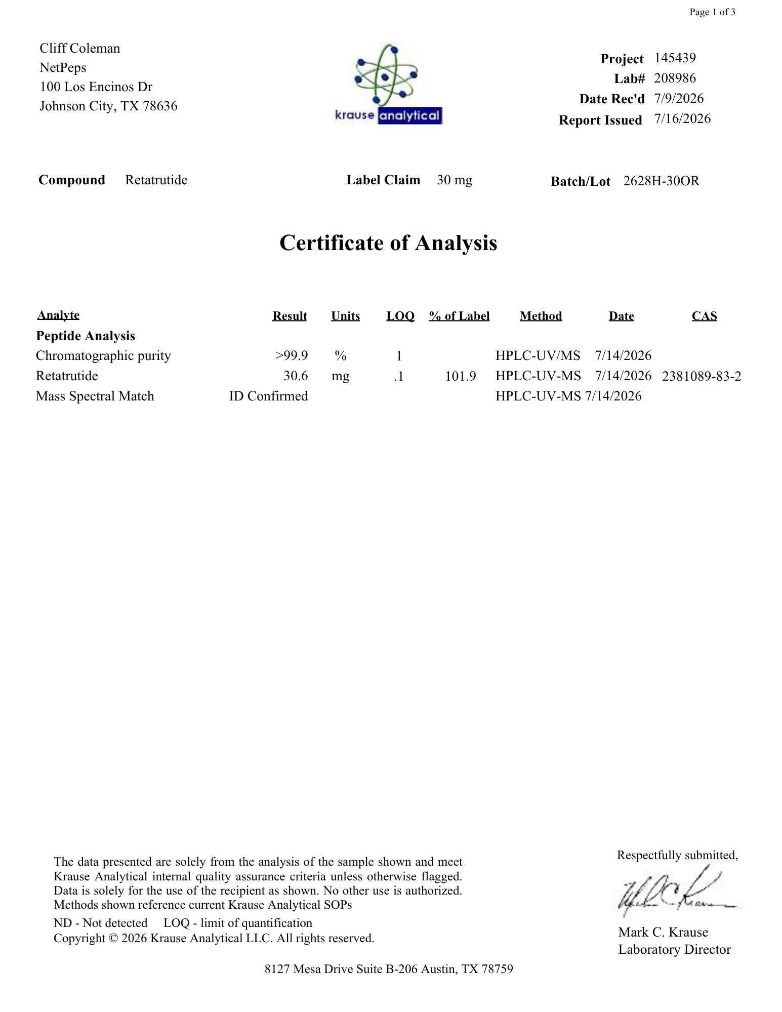 A Certificate of Analysis document from Kazerne Analytical LLC, showing test results for a compound labeled as Retartrutide. The page includes project details, batch information, and a table with analytical data such as chromatographic purity, retartruside concentration, and mass spectral match.