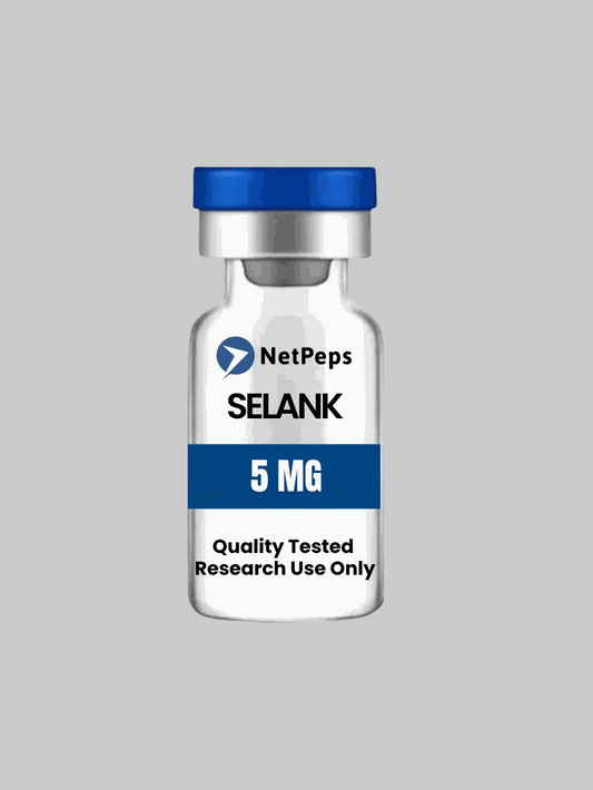 Pack of SELANK 5mg research peptide with storage and legal compliance warning labels