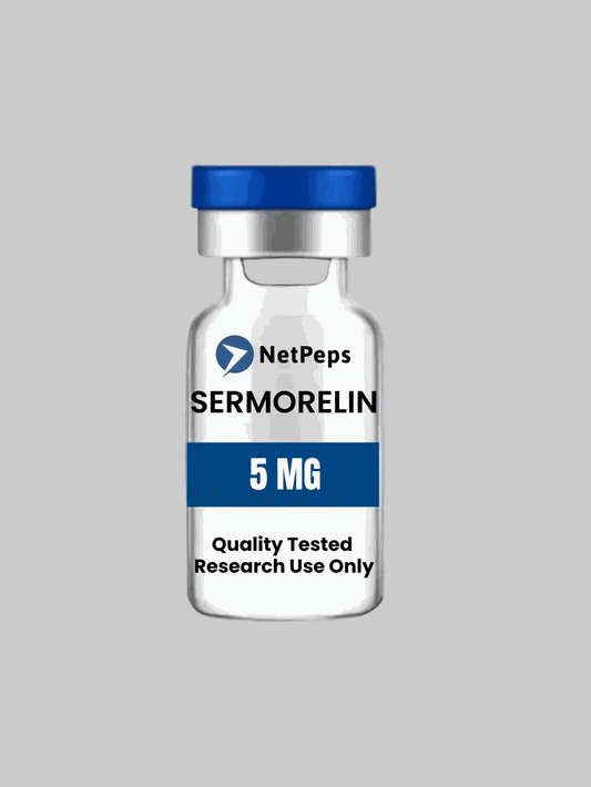 Sermorelin 5MG vial with research use only notice and storage instructions