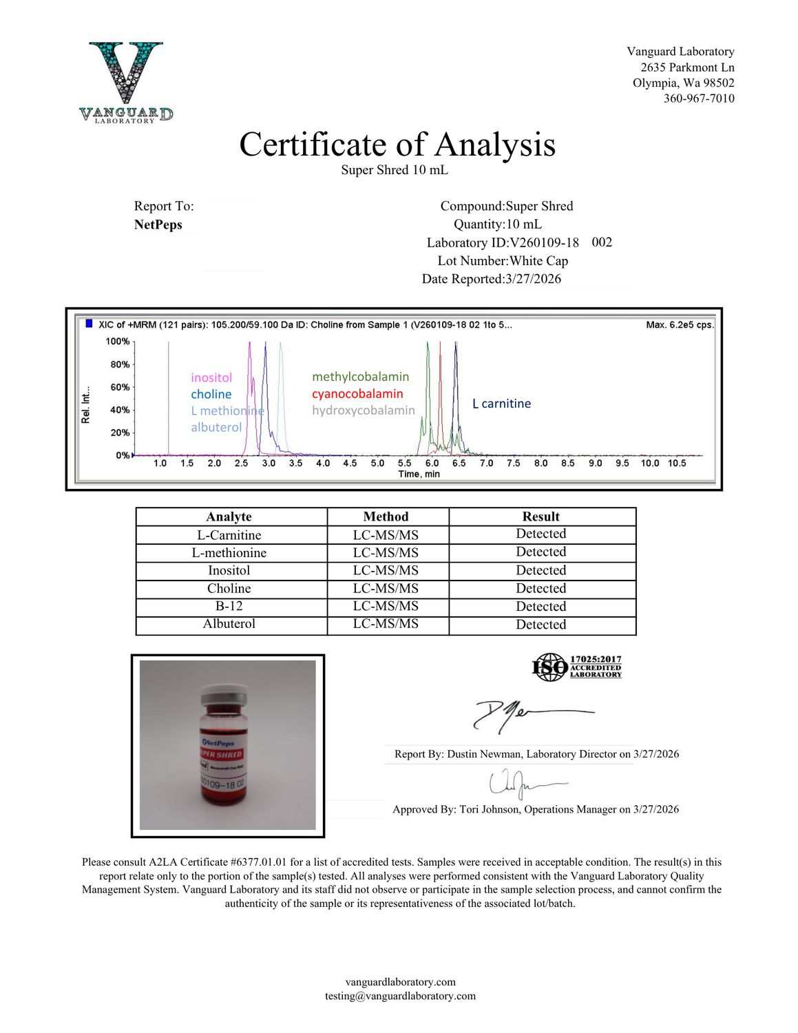 A Vandaq Laboratories Certificate of Analysis for a Super Shred 10 ml sample, featuring a chromatogram graph, a results table, and product bottles at the bottom.