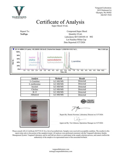 A Vandaq Laboratories Certificate of Analysis for a Super Shred 10 ml sample, featuring a chromatogram graph, a results table, and product bottles at the bottom.
