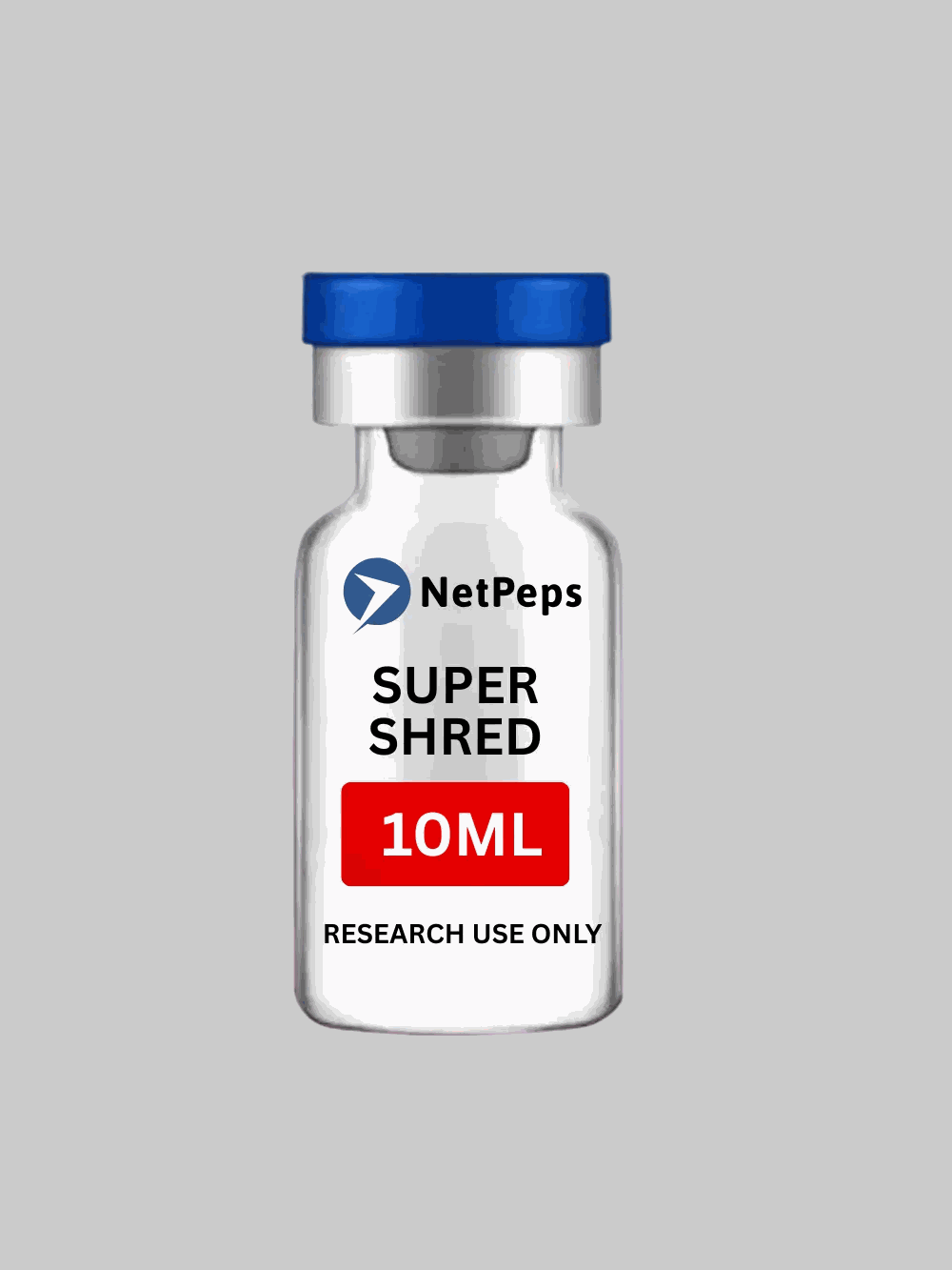 Bottle of SUPER SHRED ⎮ 10ML research peptide with warning label and storage instructions