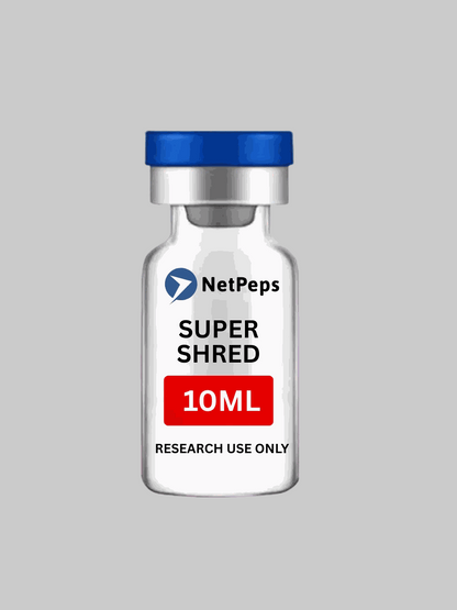 Bottle of SUPER SHRED ⎮ 10ML research peptide with warning label and storage instructions