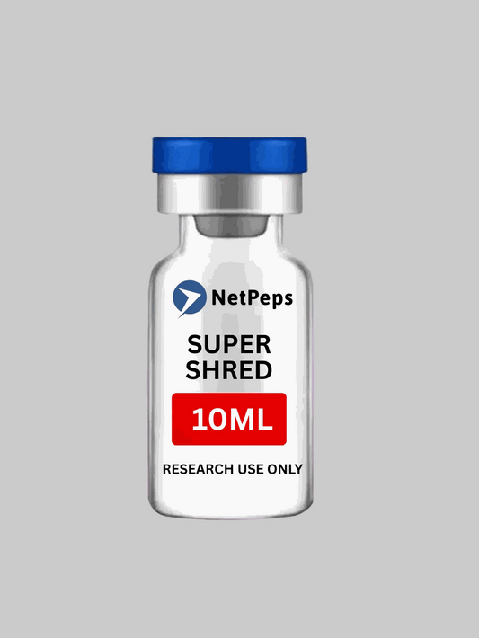 Bottle of SUPER SHRED ⎮ 10ML research peptide with warning label and storage instructions