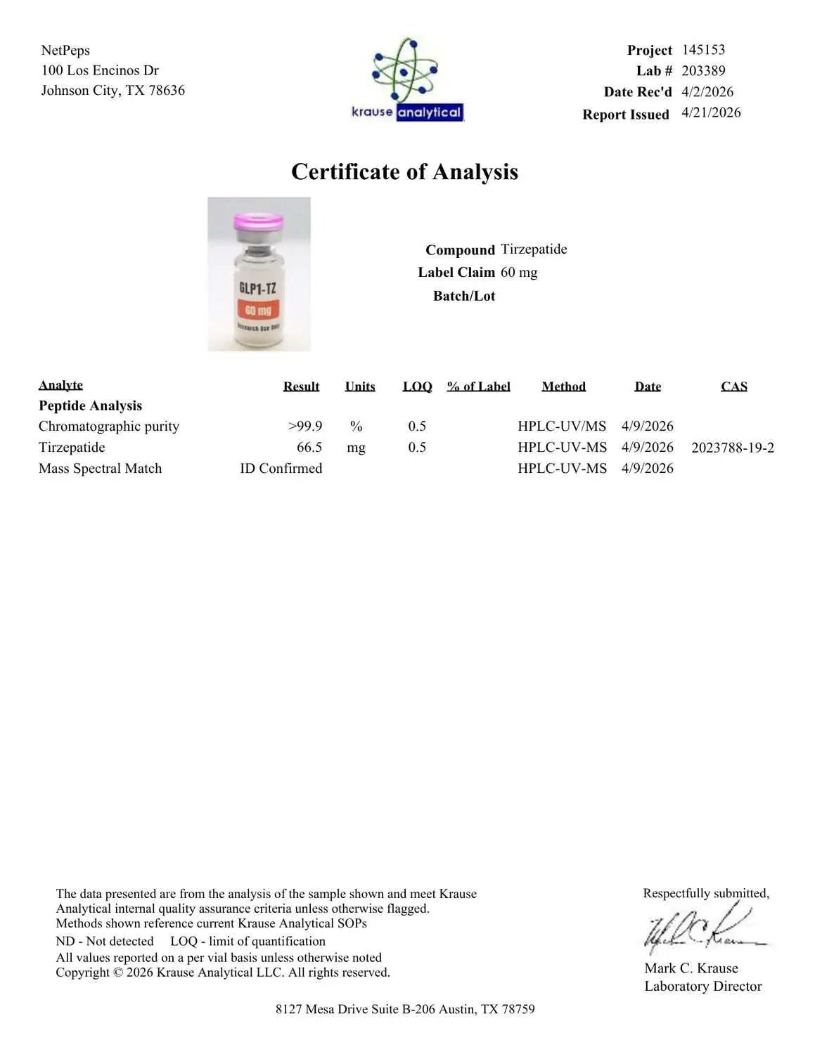 A Certificate of Analysis document from Kenze Analytical Laboratories, showing test results for a 60 mg tirzepatide compound, with a small bottle photo and labeled components and signatures.