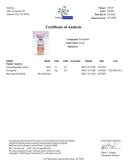 A Certificate of Analysis document from Kenze Analytical Laboratories, showing test results for a 60 mg tirzepatide compound, with a small bottle photo and labeled components and signatures.