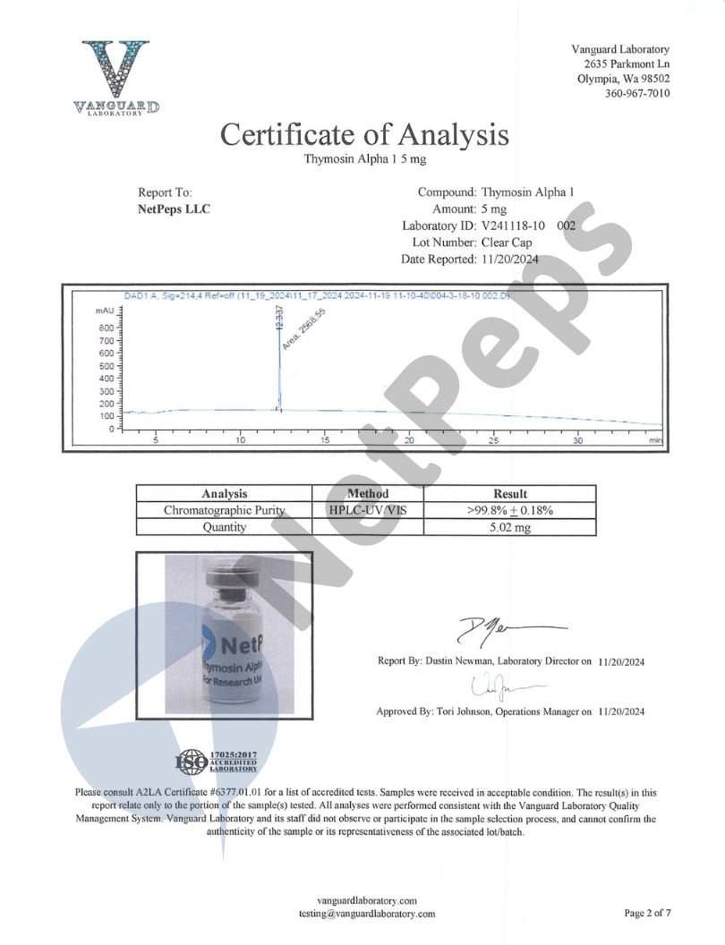 A Vantgard Laboratory Certificate of Analysis for Thymosin Alpha 1 mg from NetPeps LLC, featuring a chromatogram graph, a results table, a sample photo of the bottle, and a large diagonal watermark.